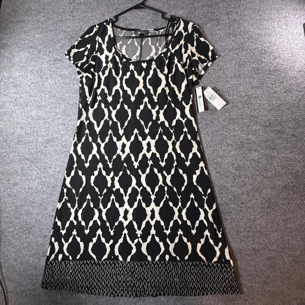 AB Studio Womens‎ Black White Geometric Ikat Print Short Sleeve Dress Large NWT